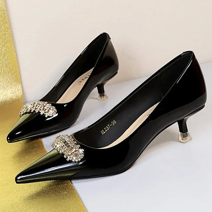 BIGTREE Shoes 4.5 CM Rhinestone Metal Decoration Kitten High Heels Patent Leather Women Pumps Stilettos Lady Shoes Plus Size 43