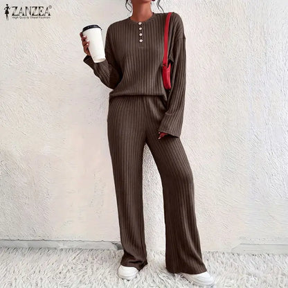 ZANZEA Women Ribbed Knit Pant Sets O-Neck Long Sleeve T-Shirt & Elastic Waist Pant 2 Piece Matching Sets Autumn Casual Co-ords