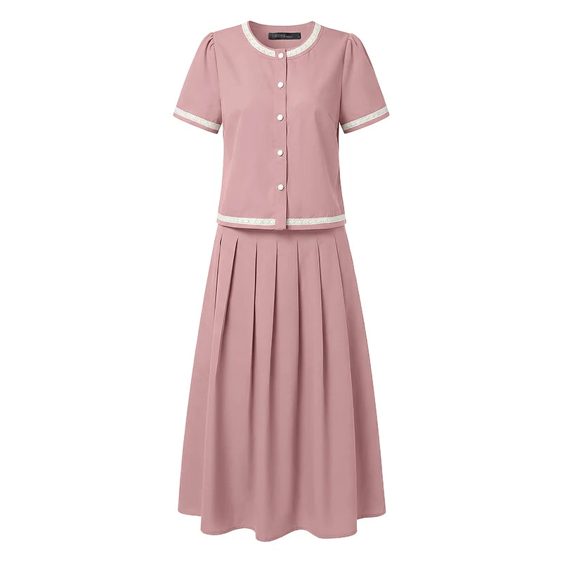 2026 ZANZEA Elegant Women Short Sleeve Patchwork Shirt Midi Dress Sets Summer 2 Pieces Sets Stylish OL Work Outfits Skirt Suit
