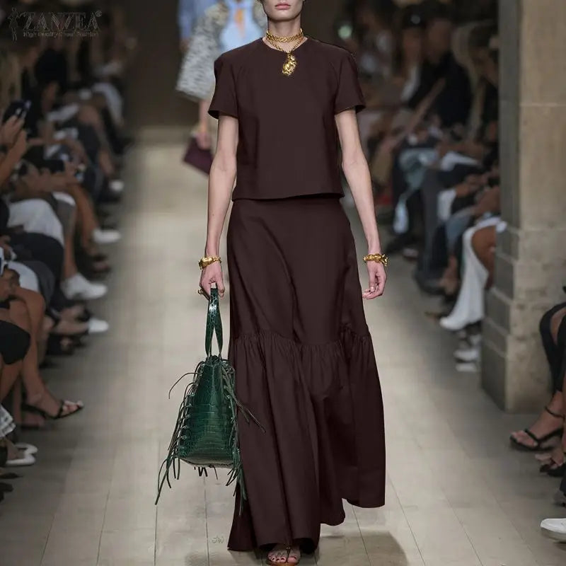 ZANZEA Fashion Dress Sets Women Summer 2PCS 2026 Elegant Short Sleeve Tops and Pleated Long Skirts Solid Outfits Streetwear 3XL