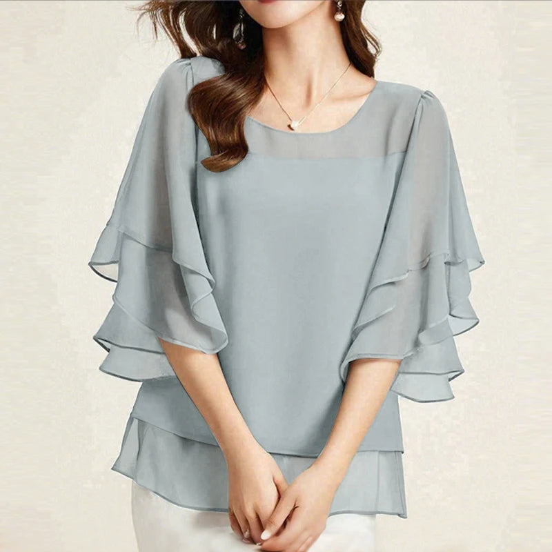 2025 ZANZEA Fashion Women Chiffon Blouse Solid Color Tops Tunic Autumn 3/4 Sleeve Ruffled Shirts Casual Office Lady Elegant Tops
