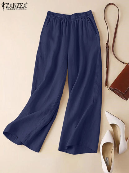 ZANZEA Women Summer Wide Leg Pants Spring Cotton Pantalon Loose Elastic Waist Palazzo 2023 Fashion Solid Casual Long Trousers