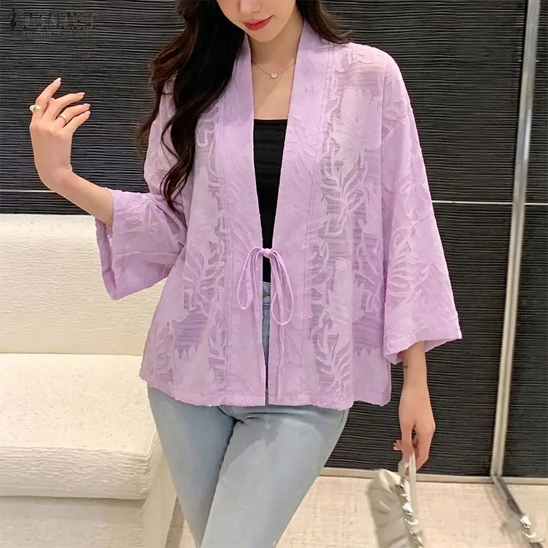 ZANZEA Woman Textured Floral Clip-Dot Cardigans V-Neck Long Sleeves Lace-Up Open Front Kimonos Summer Vacation Beach Cover-Up