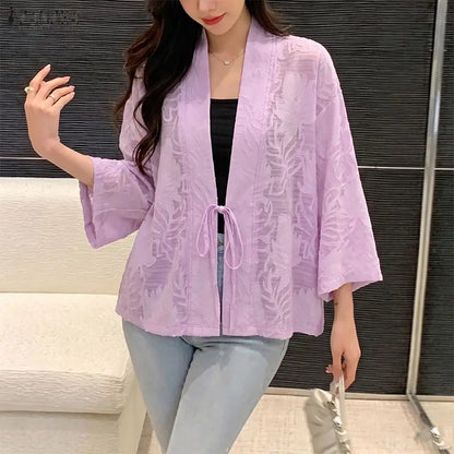 ZANZEA Woman Textured Floral Clip-Dot Cardigans V-Neck Long Sleeves Lace-Up Open Front Kimonos Summer Vacation Beach Cover-Up