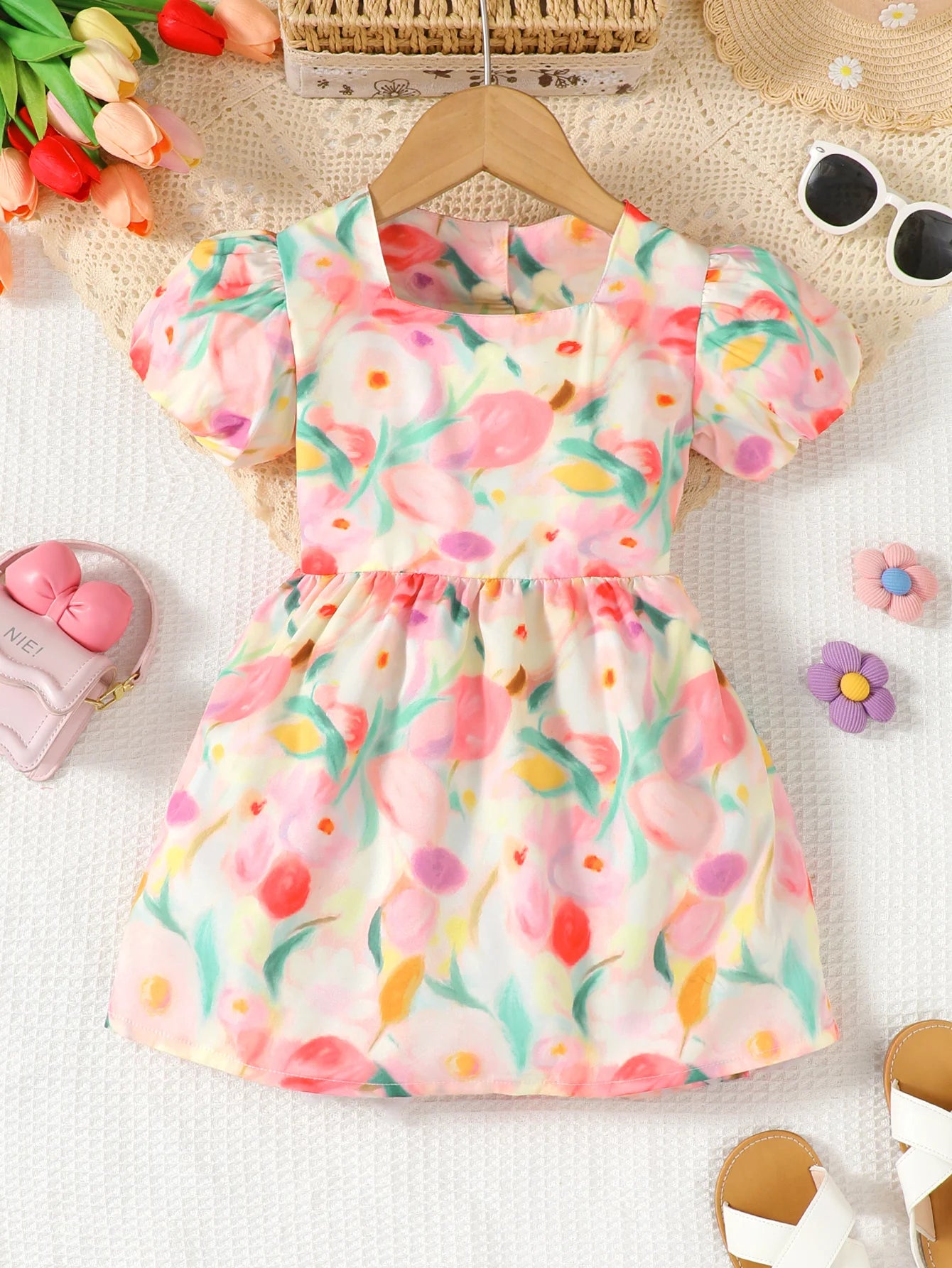 Girls' floral printed bubble sleeve square neck dress with backless straps and bow, suitable for outdoor wear in spring/summer