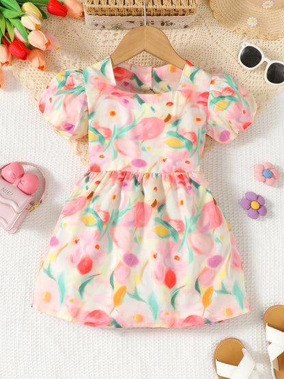 Girls' floral printed bubble sleeve square neck dress with backless straps and bow, suitable for outdoor wear in spring/summer