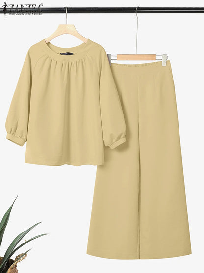 ZANZEA Autumn 2PCS Outfits Fashion Women Two Pieces Sets O Neck Long Sleeve Blouse Pant Sets Casual Solid Loose Work Tracksuits