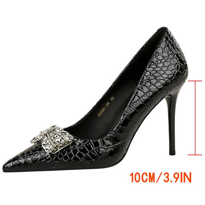 BIGTREE Shoes White High-Heeled Shoes 10 cm Stilettos Heels Stone Patterned Patent Leather Women Pumps Rhinestone Party Shoes
