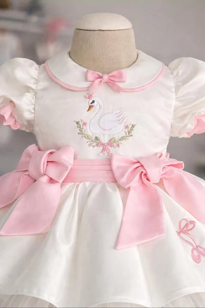 Summer Girl Elegant Swan Pink Bow Embroidery Pink Bow White Dress for Casual Party Birthday Wedding Photography  B621