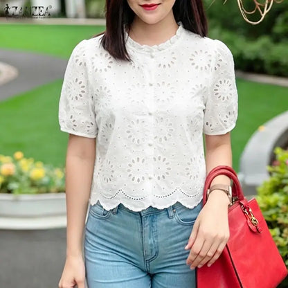 ZANZEA Woman Summer Embroidered Eyelet Cropped Shirts Elegant Ruffled Trim O-Neck Puff Short Sleeve Button Up Blouses Casual Top