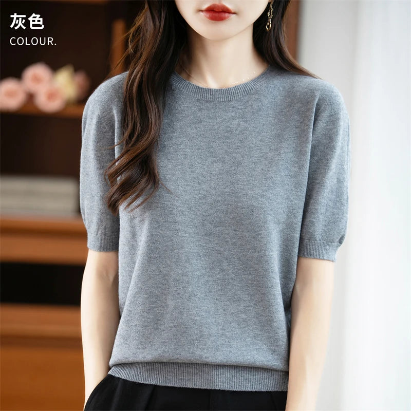 Autumn Women 100% Merino Wool Sweater O-Neck Cashmere Pullover Basic Fashion Short Sleeve Clothing Comfort Top Casual Solid