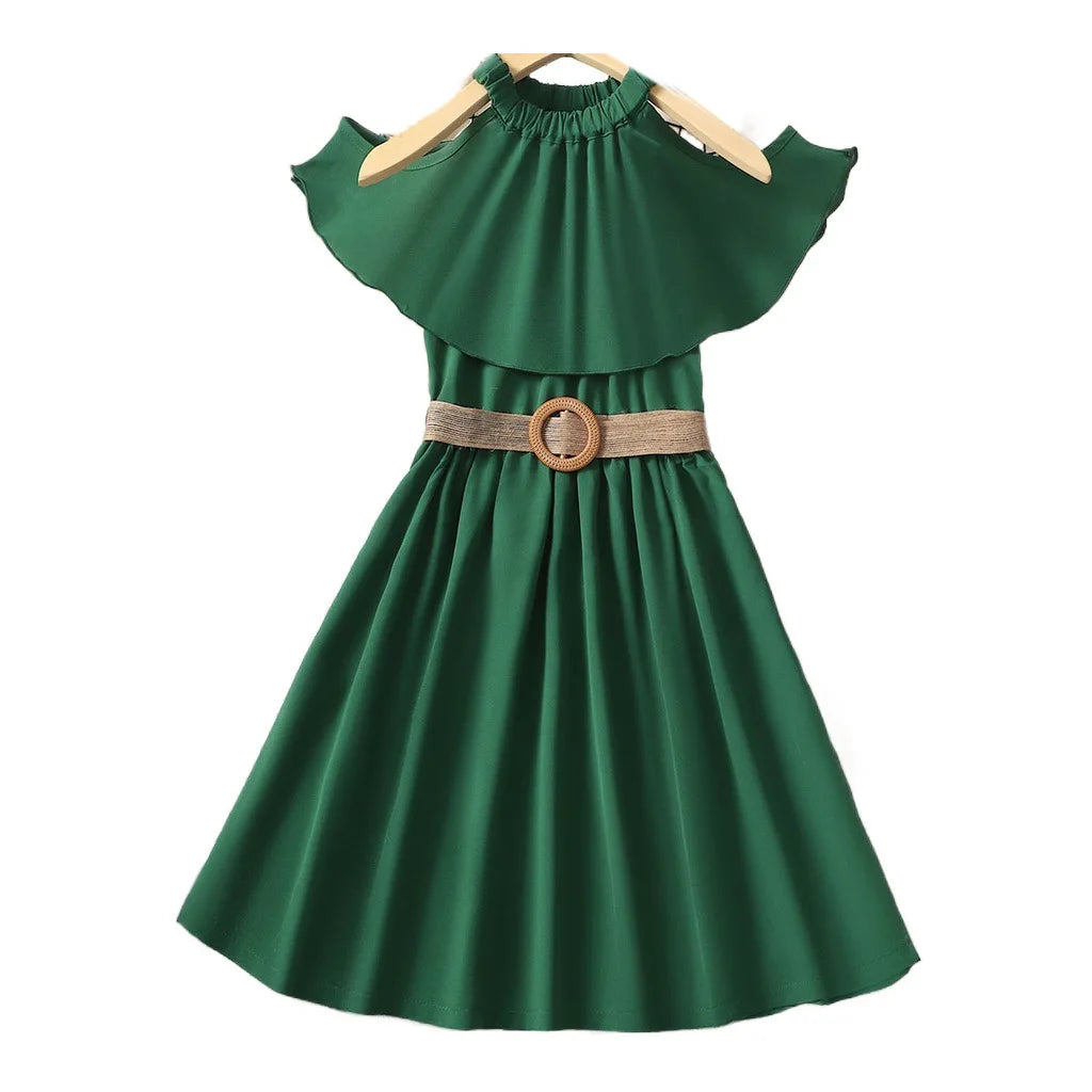 8-12 Years Children Girl Princess Dress Off Shoulder Green Dress with Belt for Kid Girl Summer School Daily Casual A-line Outfit