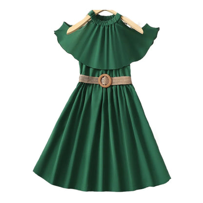 8-12 Years Children Girl Princess Dress Off Shoulder Green Dress with Belt for Kid Girl Summer School Daily Casual A-line Outfit