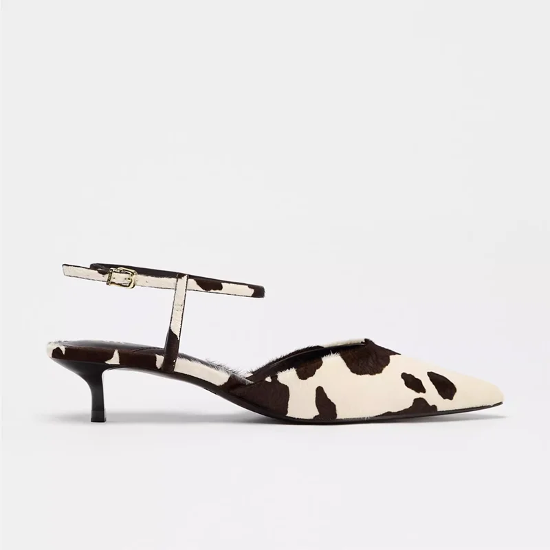 Summer Sandals Women Genuine Leather Women Mid Heels Horse Leather Leopard Print Large Size Pointed Toe Women Sandals