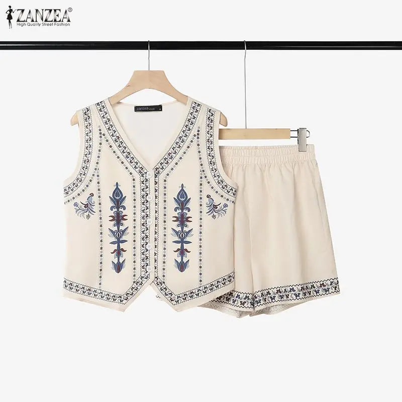 ZANZEA Women Ethnic Floral Printing Short Sets V-Neck Sleeveless Top & Elastic Waist Shorts Matching Sets Summer 2 Piece Co-ords