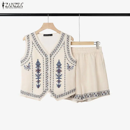 ZANZEA Women Ethnic Floral Printing Short Sets V-Neck Sleeveless Top & Elastic Waist Shorts Matching Sets Summer 2 Piece Co-ords