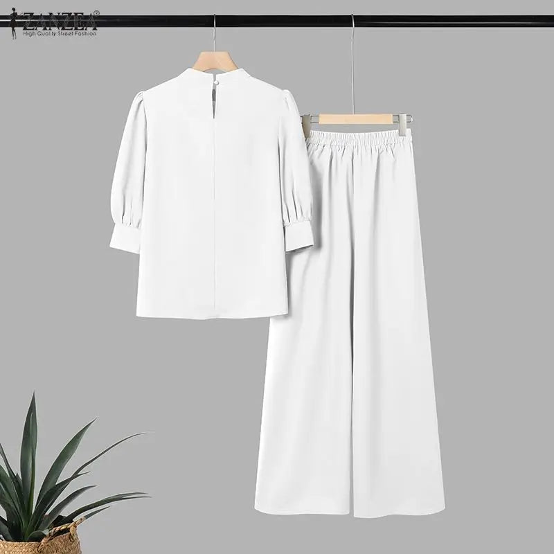 2026 Fashion Summer Pant Sets ZANZEA Stand Neck Short Sleeve Blouse Wide Leg Trousers Suit Women OL Work Outfits 2 Pieces Sets