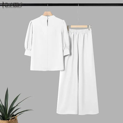 2026 Fashion Summer Pant Sets ZANZEA Stand Neck Short Sleeve Blouse Wide Leg Trousers Suit Women OL Work Outfits 2 Pieces Sets