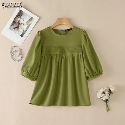 ZANZEA 2026 Summer Casual Pintuck Blouses Woman Round Neck Half Puff Sleeve Solid Color Tops Everyday Wear Comfort Blusas Mujer