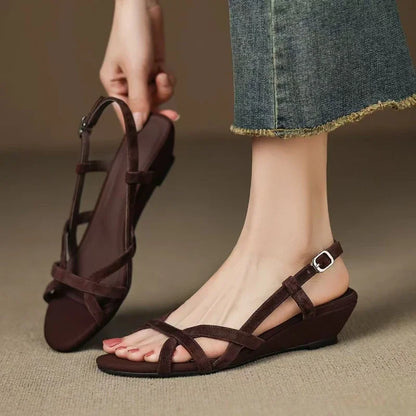 Fashion Round Toe Narrow Band Roman Style Platform Sandal Women Comfort Open Toe Wedge Designer Shoe Brown Faux Suede Beach Shoe