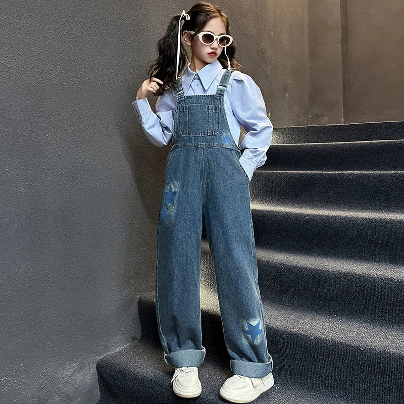 Fashion Children Jeans Overalls for Baby Girls Kids Blue Denim Jumpsuit Suspender Pants with Straps Age 5 6 7 8 9 10 11 12 13 14