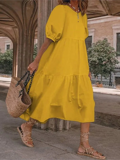 Summer New Solid Color Short Sleeved Loose For Women's Dresses Fashion Casual Patchwork Retro Beach Holiday Maxi Female Sundress