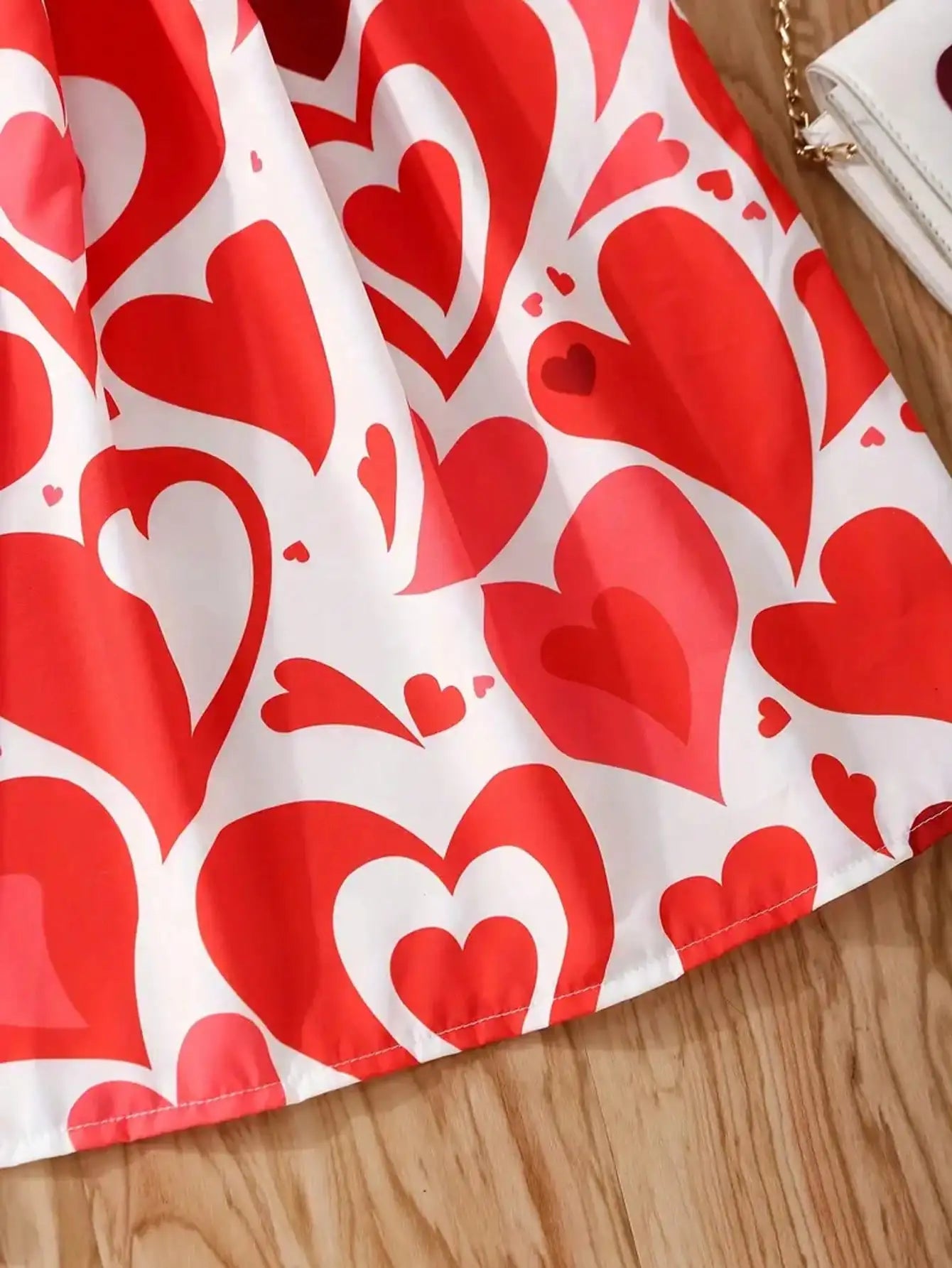 Summer Casual Style Girls' Heart-Shaped Printed Round Neck Sleeveless Camisole Dress, Mid Length Skirt