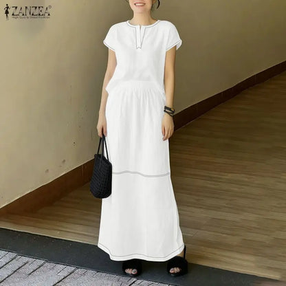 ZANZEA Summer 2 Piece Sets Elegant Women Short Sleeve Blouse Dress Sets Stylish Solid OL Work Outfits Casual Holiday Skirt Suit