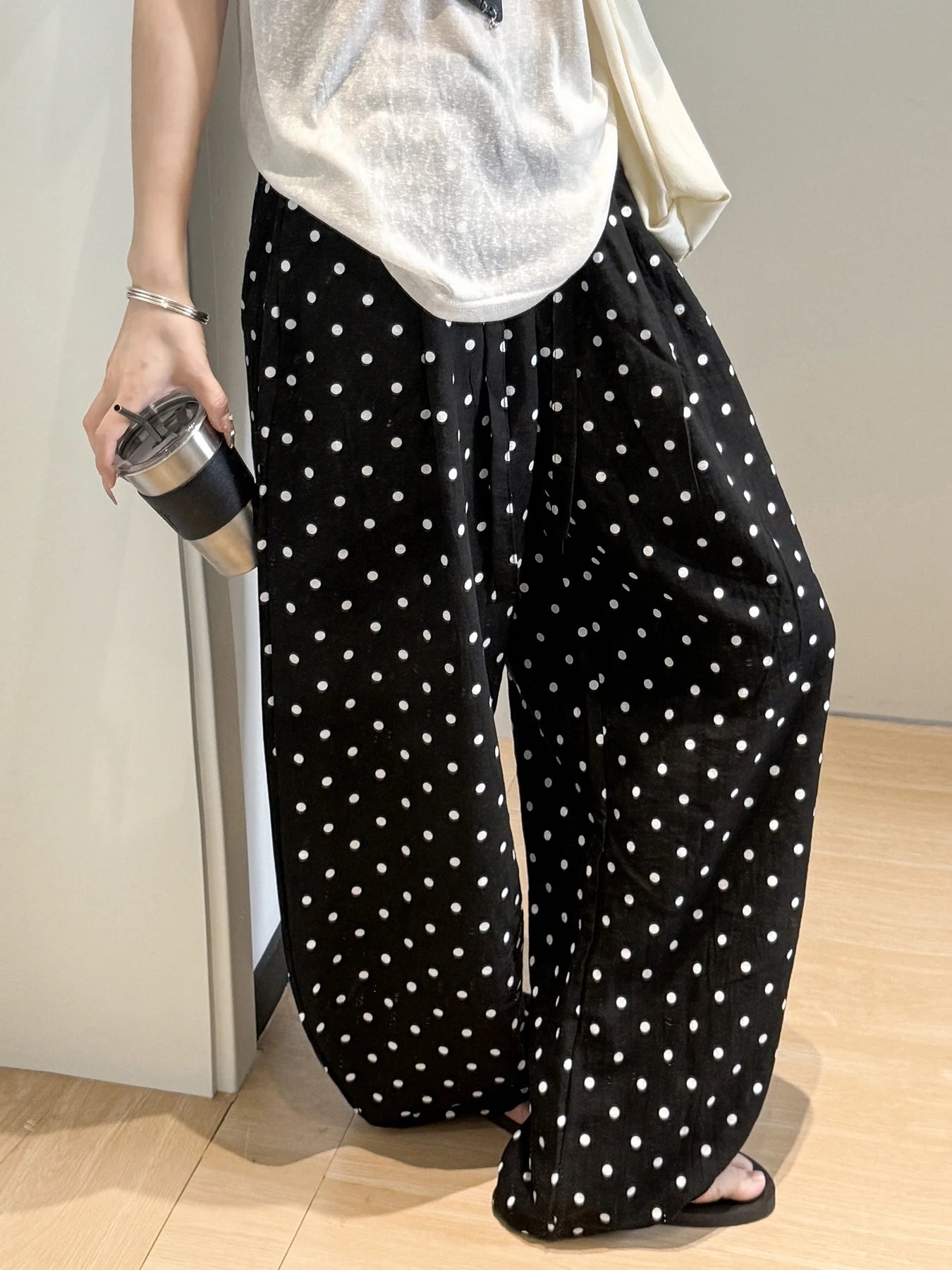 Linen Polka Dot Wide-Leg Pants for Women's Summer, Thin High-Waisted Loose and Laid-Back Style Yamamoto Pants, Casual Straight-L