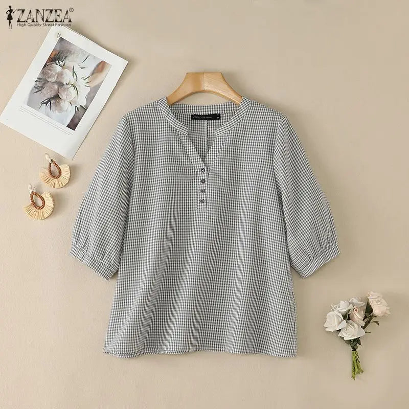 ZANZEA Woman Casual Gingham Blouses V-Neck Half-Button 3/4 Sleeve Plaid Loose Tops 2026 Summer Daily Wear Blusas Mujer 3XL
