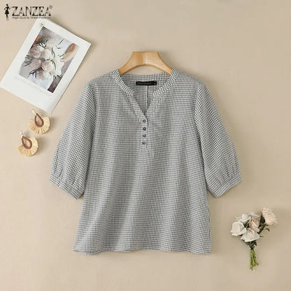 ZANZEA Woman Casual Gingham Blouses V-Neck Half-Button 3/4 Sleeve Plaid Loose Tops 2026 Summer Daily Wear Blusas Mujer 3XL
