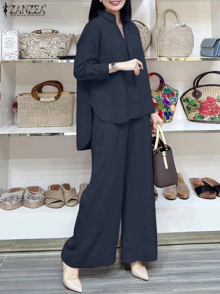 2025 ZANZEA Fashion Casual Long Sleeve Blouse Pant Sets Autumn 2pcs Outfits Women Loose Matching Sets Solid OL Work Tracksuits