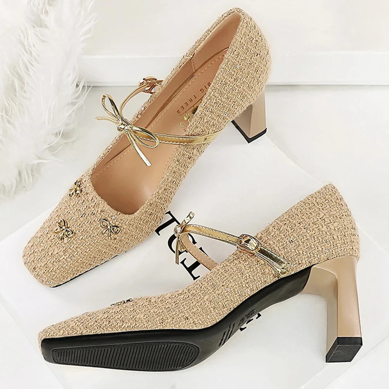 BIGTREE Shoes Woven Fabric Women Pumps Bowknot High Heels Square Head Ladies Shoes Chunky Heel Women Shoes Luxury Banquet Shoes