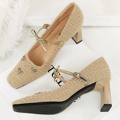 BIGTREE Shoes Woven Fabric Women Pumps Bowknot High Heels Square Head Ladies Shoes Chunky Heel Women Shoes Luxury Banquet Shoes