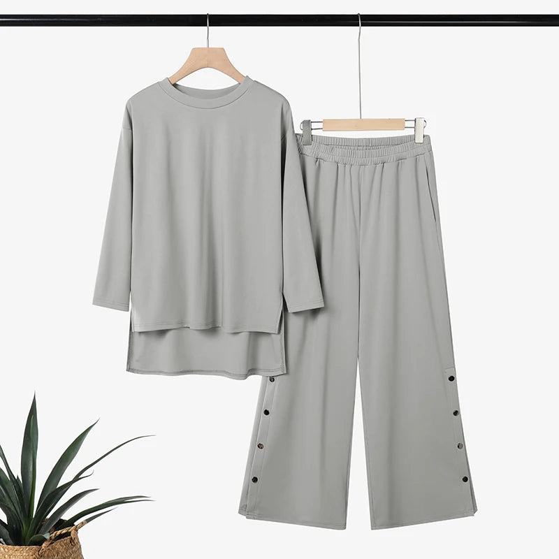 ZANZEA Autumn Outfits Women Casual O Neck Long Sleeve Tops Wide Leg Pants Sets 2 Piece Sets Solid Color Loose Tracksuit Oversize