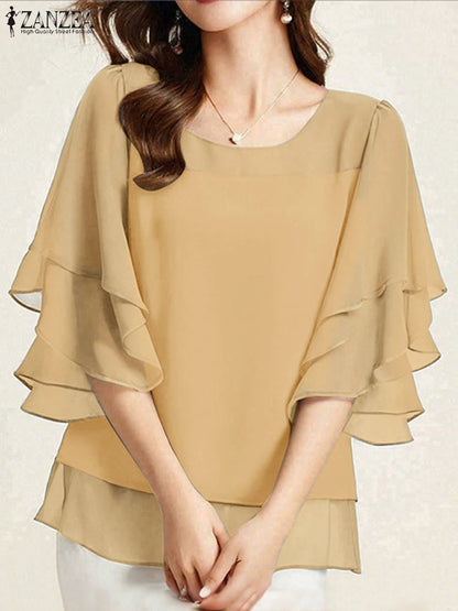 2025 ZANZEA Fashion Women Chiffon Blouse Solid Color Tops Tunic Autumn 3/4 Sleeve Ruffled Shirts Casual Office Lady Elegant Tops