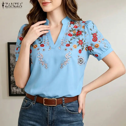 ZANZEA 2026 Summer Floral Print Blouses Woman Casual V-Neck Short Puff Sleeve Pullover Blusas Mujer Vacation Everyday Wear Tops