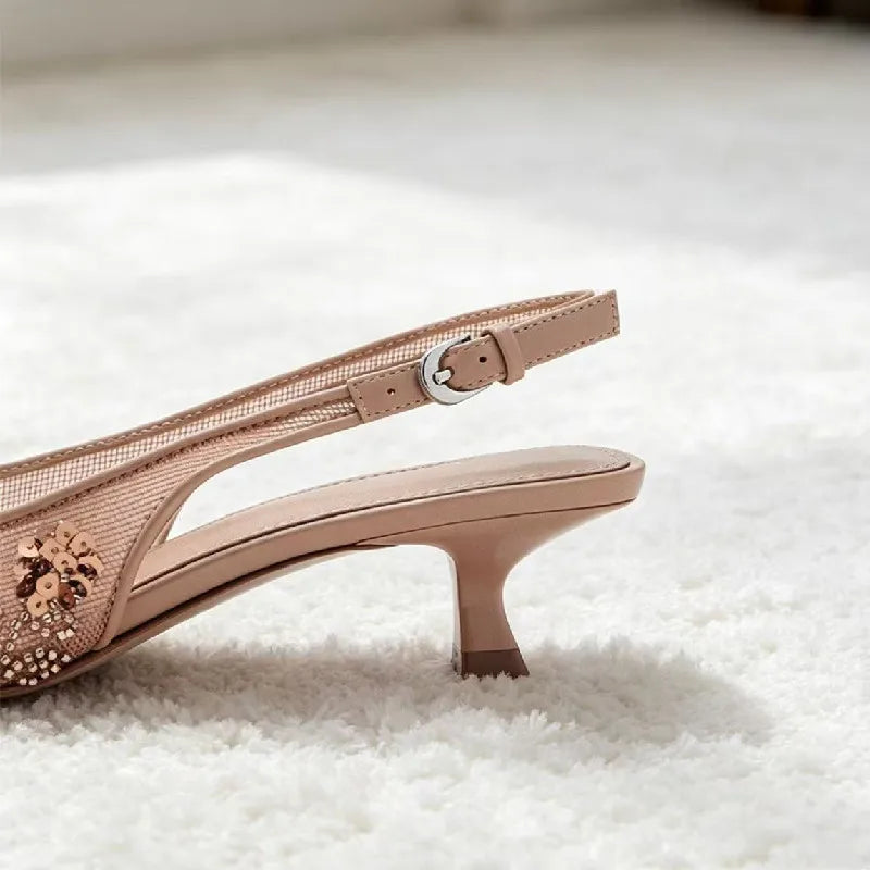 Luxury Bling String Bead Detail Mid Heel Women Pumps Pointed Toe Mesh Slingback Heeled Sandals for Ladies Elegant Women Shoes