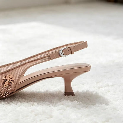 Luxury Bling String Bead Detail Mid Heel Women Pumps Pointed Toe Mesh Slingback Heeled Sandals for Ladies Elegant Women Shoes