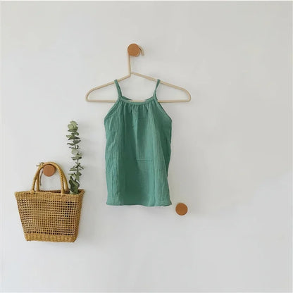 0-12M Baby Girls Summer Cotton Muslin Suspender Dress Solid Color Sleeveless Loose Casual Princess Dress For Newborn Girls