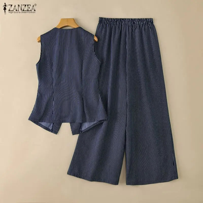Fashion Summer Pant Sets 2026 ZANZEA Women Sleeveless Vest Tops Trousers Suit Striped Outfits Stylish OL Work Suit 2 Pieces Sets