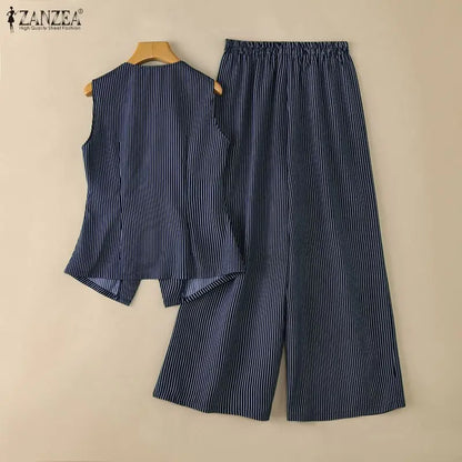 Fashion Summer Pant Sets 2026 ZANZEA Women Sleeveless Vest Tops Trousers Suit Striped Outfits Stylish OL Work Suit 2 Pieces Sets