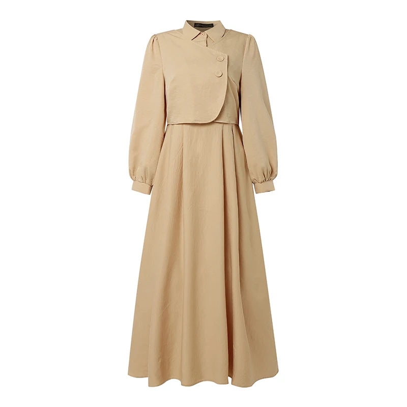 ZANZEA Fashion Muslim Abaya Dresses Ramadan Robe Women Elegant Long Sleeve Pleated Sundress Dubai Casual Kaftan Fake 2 Pieces
