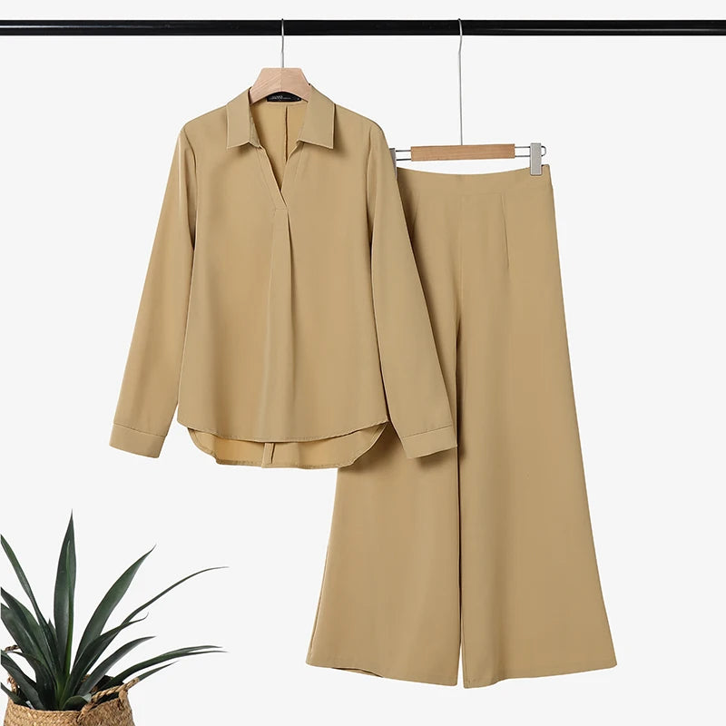 2026 ZANZEA Office Lady Pants Sets Women V Neck Long Sleeve Tops Wide Leg Trousers Suit 2026 Spring Solid Work Outfits Tracksuit