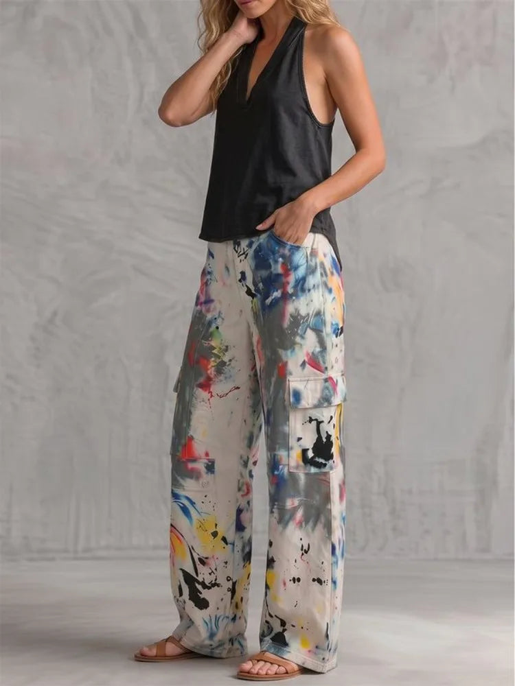Yeezzi Women Colorful Contrast Color Printed Wide Leg Cargo Pants High Waist Multi Pockets Straight Casual Streetwear Trousers