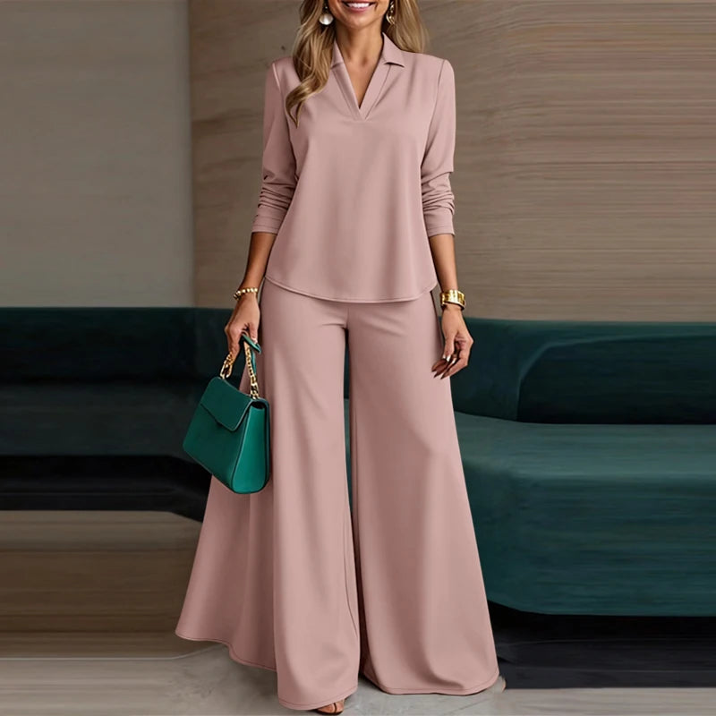 ZANZEA Fashion Women 2 Piece Pant Sets Minimalist V-Neck Long Sleeve Blouses and Wide Leg Pants Suits Commuting Woman Outfits