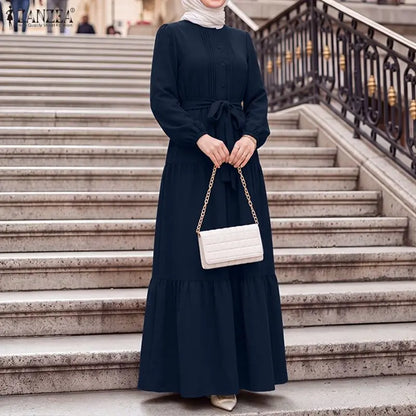 ZANZEA Women Autumn O Neck Long Sleeve Pleated Sundress Elegant Muslim Abaya Dress Maxi Robe Casual Kaftan Stylish Party Dress