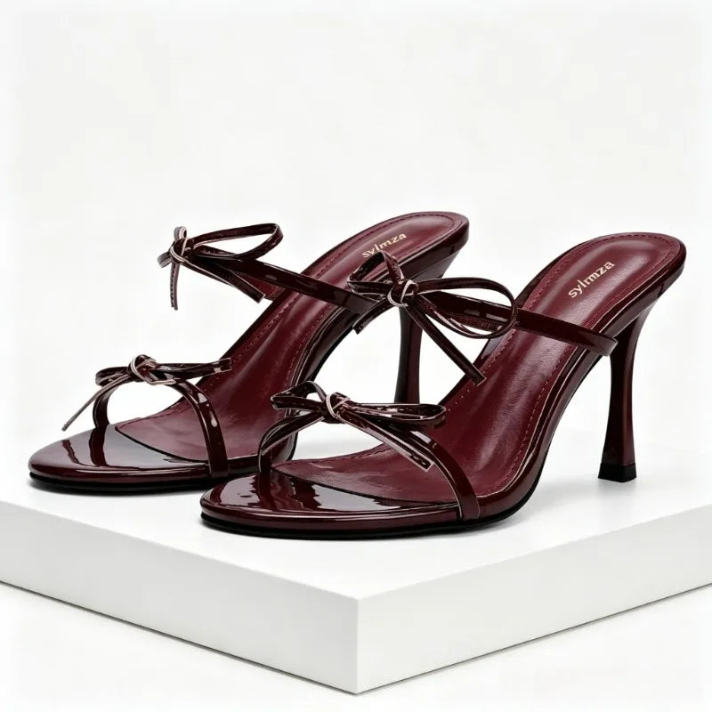 Luxury Designer Slippers Women Double Bow Decoration Sexy Peep Toe Slides Sandals Summer Elegant High Heels for Ladies Sandalias