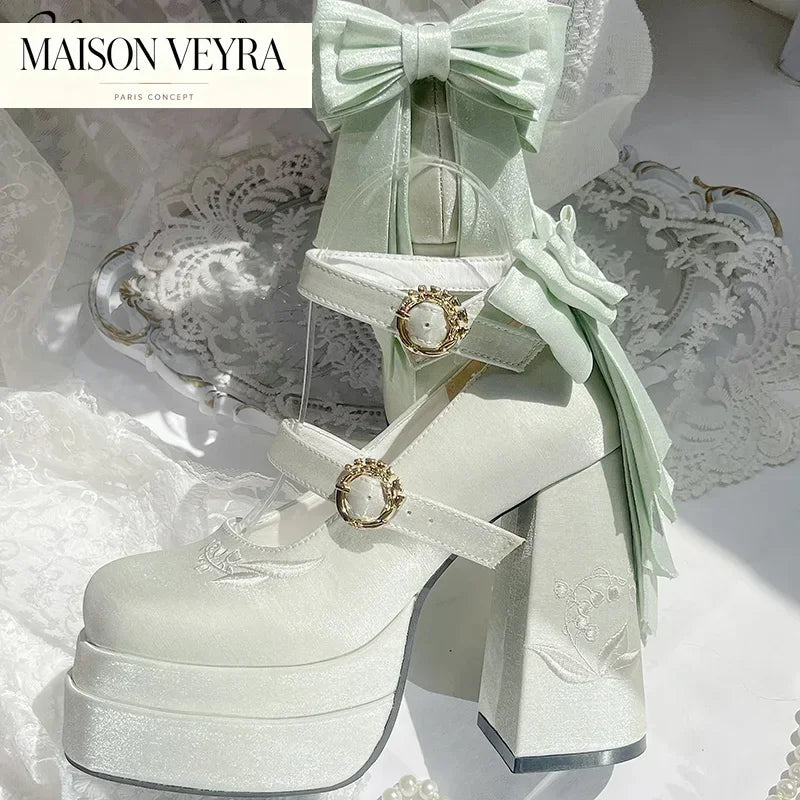 Elegant Satin Waterproof Lolita Mary Jane Shoes Women's Sweet Cute Girls Bow Paltform High Heel Ladies Pumps Platform Heels