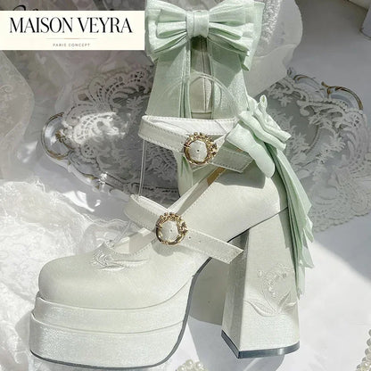 Elegant Satin Waterproof Lolita Mary Jane Shoes Women's Sweet Cute Girls Bow Paltform High Heel Ladies Pumps Platform Heels